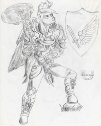 Size: 1635x2035 | Tagged: safe, artist:quakehoof, oc, oc only, oc:cloudwing, pegasus, anthro, unguligrade anthro, armor, crystal, cutie mark, feedback requested, hammer, lightforge, monochrome, sword, traditional art, war hammer, warcraft, wip, world of warcraft