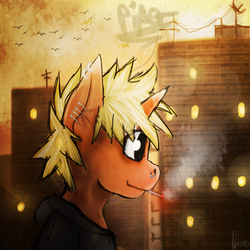 Size: 2000x2000 | Tagged: safe, artist:kaine, oc, oc only, oc:copperpipes, afternoon, cigarette, city, female, high res, piercing, smoking, solo, sunset, tomboy