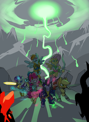 Size: 771x1055 | Tagged: safe, artist:metal-kitty, applejack, fluttershy, pinkie pie, rainbow dash, rarity, twilight sparkle, g4, armor, arrow, bow (weapon), bow and arrow, crossover, dragon age, dragon age: inquisition, red lyrium, sword, weapon