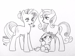 Size: 2048x1536 | Tagged: safe, artist:kianamai, rarity, sweetie belle, oc, oc:pixel bit, kilalaverse, g4, monochrome, next generation, offspring, parent:button mash, parent:sweetie belle, parents:sweetiemash, pencil drawing, story included, traditional art