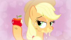 Size: 1280x720 | Tagged: safe, screencap, applejack, earth pony, pony, g4, simple ways, apple, apple juice, female, heart, mare, solo, stupid sexy applejack, sweat