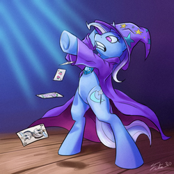 Size: 900x900 | Tagged: safe, artist:tsitra360, discord, spike, trixie, pony, g4, bipedal, female, playing card, poker, solo