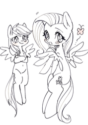 Size: 700x988 | Tagged: safe, artist:nitronic, fluttershy, rainbow dash, g4, blushing, implied shipping, monochrome