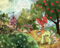 Size: 745x596 | Tagged: safe, artist:rt, granny smith, g4, cottagecore, female, pixiv, scenery, solo, sweet apple acres, young granny smith, younger
