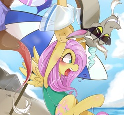 Size: 500x463 | Tagged: safe, artist:hua, discord, fluttershy, g4, beach, blushing, clothes, female, male, one-piece swimsuit, ship:discoshy, shipping, straight, swimsuit