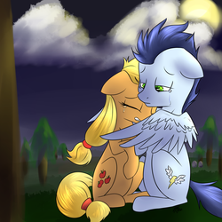 Size: 1500x1500 | Tagged: safe, artist:lilfaux, applejack, soarin', earth pony, pegasus, pony, g4, comforting, crack shipping, crying, female, floppy ears, hatless, hug, male, mare, missing accessory, ship:soarinjack, shipping, spread wings, stallion, straight, winghug