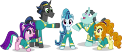 Size: 1992x852 | Tagged: safe, artist:punzil504, adagio dazzle, aria blaze, claude, king sombra, sonata dusk, filli vanilli, g4, alternate universe, equestria girls ponified, good king sombra, ponified, ponytones, ponytones outfit, simple background, the dazzlings, transparent background, vector
