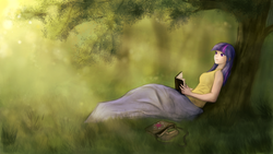 Size: 2269x1276 | Tagged: safe, artist:vexpon, twilight sparkle, human, g4, book, clothes, female, humanized, solo, tree