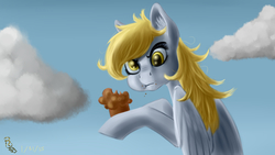 Size: 4800x2700 | Tagged: safe, artist:ravenousdrake, derpy hooves, pegasus, pony, g4, :t, angry, cloud, eating, female, food, mare, muffin, nose wrinkle, sky background, solo