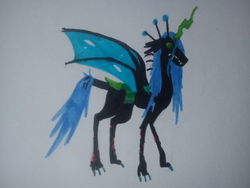 Size: 640x480 | Tagged: dead source, safe, artist:lepusistlich, queen chrysalis, changeling, changeling queen, g4, crown, female, glowing, glowing horn, horn, jewelry, regalia, solo, traditional art