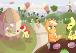 Size: 1600x1120 | Tagged: safe, artist:joo13, apple bloom, apple fritter, applejack, granny smith, earth pony, pony, g4, apple family member, russian