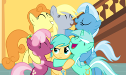 Size: 5568x3342 | Tagged: safe, artist:punzil504, carrot top, cheerilee, derpy hooves, golden harvest, lyra heartstrings, sunshower raindrops, trixie, earth pony, pegasus, pony, unicorn, g4, ^^, alternate mane six, alternate universe, eyes closed, female, group hug, hug, luna six, lunaverse, mare