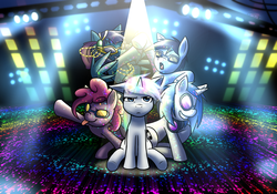 Size: 1280x896 | Tagged: safe, artist:ketirz, dj pon-3, pinkie pie, vinyl scratch, oc, pony, g4, disco mane