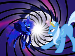 Size: 2000x1500 | Tagged: safe, artist:manlyman95, nightmare moon, trixie, pony, unicorn, g4, big crown thingy, duo, female, mare