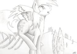 Size: 2100x1475 | Tagged: safe, artist:gimmogear, derpy hooves, pegasus, pony, g4, female, grayscale, mare, monochrome, solo, traditional art