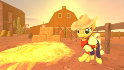 Size: 2560x1440 | Tagged: safe, artist:thespahthatspies, apple bloom, applejack, g4, 3d, barn, barrel, building, cactus, clothes, fence, hat, hay, source filmmaker