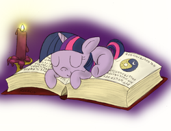 Size: 1894x1448 | Tagged: safe, artist:suahkin, twilight sparkle, g4, book, candle, female, sleeping, solo