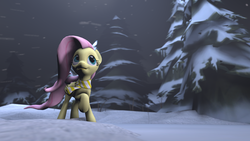 Size: 1920x1080 | Tagged: safe, artist:fd-daylight, fluttershy, g4, 3d, clothes, female, night, scarf, snow, snowfall, solo, source filmmaker, tree, winter