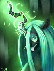 Size: 1200x1600 | Tagged: dead source, safe, artist:hitmore, queen chrysalis, changeling, changeling queen, g4, female, glowing horn, horn, palindrome get, solo