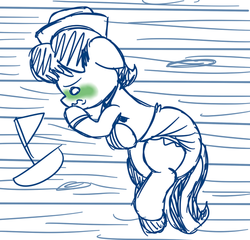 Size: 500x480 | Tagged: safe, artist:fillyscoots42, oc, oc only, oc:tenerius, boat, diaper, monochrome, non-baby in diaper, poofy diaper, sailor suit, sea sick, solo, toy