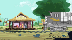 Size: 866x477 | Tagged: safe, artist:westrail642fan, edit, edited screencap, screencap, apple bloom, applejack, scootaloo, sweetie belle, g4, atomic train, locomotive, mlw m-420, train, westrail