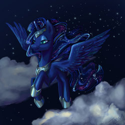 Size: 1024x1024 | Tagged: safe, artist:teenageteem, princess luna, g4, cloud, cloudy, female, flying, night, solo, stars