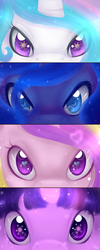 Size: 1200x3000 | Tagged: safe, artist:neko-luvz, princess cadance, princess celestia, princess luna, twilight sparkle, alicorn, pony, g4, alicorn tetrarchy, cutie mark eyes, eyes, female, mare, persona eyes, twilight sparkle (alicorn), wingding eyes