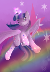 Size: 1200x1729 | Tagged: safe, artist:neko-luvz, twilight sparkle, alicorn, pony, g4, female, flying, magic, mare, rainbow power, solo, twilight sparkle (alicorn)
