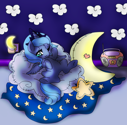 Size: 3957x3888 | Tagged: safe, artist:lunaltaria, princess luna, g4, blanket, female, filly, high res, moon, nightlight, on back, pillow, plushie, solo, stars, woona