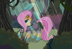 Size: 1024x692 | Tagged: safe, artist:thisis913, fluttershy, pegasus, pony, g4, bunny ears, clothes, costume, dangerous mission outfit, female, goggles, hoodie, looking at you, mare, solo