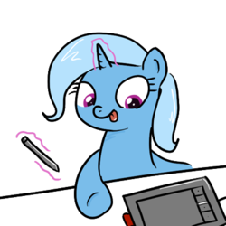 Size: 400x400 | Tagged: safe, artist:theparagon, trixie, pony, unicorn, ask trixie, g4, female, mare, pen, solo, tablet, tongue out