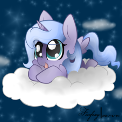 Size: 1000x1000 | Tagged: safe, artist:firefoxxy, artist:wolfwindelement, princess luna, g4, cloud, cloudy, cute, eye clipping through hair, female, filly, prone, solo, sweet dreams fuel, weapons-grade cute, woona