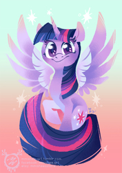 Size: 600x849 | Tagged: safe, artist:mmishee, twilight sparkle, alicorn, pony, g4, cutie mark, female, hooves, horn, lineless, looking at you, mare, raised hoof, sitting, solo, spread wings, twilight sparkle (alicorn), wings
