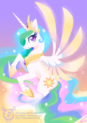 Size: 600x849 | Tagged: safe, artist:mmishee, princess celestia, alicorn, pony, g4, cutie mark, female, hooves, horn, lineless, mare, rearing, solo, spread wings, wings