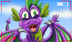 Size: 5906x3508 | Tagged: safe, artist:dinodraketakethecake, spike, pony, g4, camera shot, derp, looking at you, male, older, older spike, open mouth, recording, sharp teeth, smiling, solo, uvula, wings