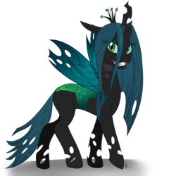 Size: 2000x2000 | Tagged: dead source, safe, artist:artisan-garden, artist:pizzapupperroni, queen chrysalis, changeling, changeling queen, g4, female, floppy ears, grin, high res, horn, looking at you, simple background, smiling, solo, standing, teeth, transparent background, wings