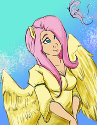 Size: 2550x3300 | Tagged: safe, artist:silent-nona-light, fluttershy, butterfly, human, g4, eared humanization, female, high res, humanized, solo, winged humanization