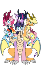 Size: 720x1280 | Tagged: safe, artist:christomwow, applejack, fluttershy, pinkie pie, rainbow dash, rarity, twilight sparkle, hydra, hydra pony, ask hydra mane 6, g4, appleflaritwidashpie, fusion, hydrafied, mane six, mane six hydra, multiple heads, simple background, six heads, species swap, this isn't even my final form, tiamat, transparent background, we have become one, what has science done, you need me
