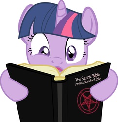 Size: 880x907 | Tagged: safe, twilight sparkle, g4, anton lavey, book, female, religion, satanism, solo, the satanic bible, this will end in heresy