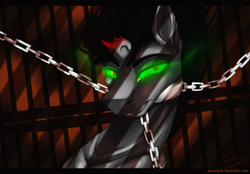 Size: 1024x712 | Tagged: dead source, safe, artist:sevenada, king sombra, g4, broken horn, chained, chains, dark magic, horn, imprisoned, magic, male, solo, sombra eyes
