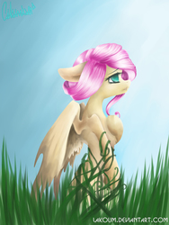 Size: 3240x4320 | Tagged: safe, artist:lakoum, fluttershy, pegasus, pony, g4, alternate hairstyle, bipedal, female, grass, hoof on chest, pixiv, profile, solo, spread wings, wings