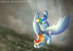 Size: 4000x2820 | Tagged: safe, artist:lakoum, rainbow dash, g4, female, flying, gritted teeth, pixiv, solo, spread wings