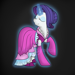 Size: 1386x1386 | Tagged: safe, rarity, pony, unicorn, g4, adry-senpai, alternate hairstyle, clothes, dress, eyes closed, female, gradient background, mare, melly ane, raised hoof, solo, watermark