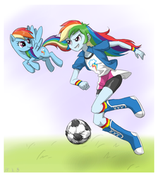Size: 700x780 | Tagged: safe, artist:ta-na, rainbow dash, human, pegasus, pony, equestria girls, g4, ball, clothes, compression shorts, duo, duo female, female, flying, football, grass, grin, human ponidox, open clothes, open shirt, outdoors, running, self paradox, self ponidox, shirt, shoes, skirt, smiling, spread wings, tongue out, undershirt, wings, wristband