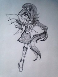Size: 720x960 | Tagged: safe, artist:wourdeluck, sonata dusk, equestria girls, g4, fin wings, monochrome, ponied up, sketch, traditional art, transformation