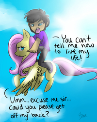 Size: 800x1000 | Tagged: safe, artist:sacred-hedge, fluttershy, human, g4, humans riding ponies, riding