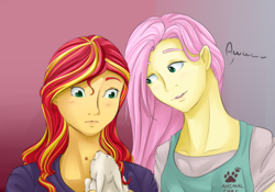 Size: 2000x1400 | Tagged: safe, artist:chiweee, fluttershy, sunset shimmer, rabbit, equestria girls, g4, cute, female, lesbian, shimmerbetes, ship:sunshyne, shipping