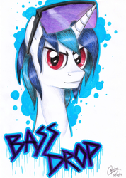 Size: 2477x3473 | Tagged: dead source, safe, artist:creytor, dj pon-3, vinyl scratch, pony, unicorn, g4, abstract background, high res, horn, male, record scrape, rule 63, solo, stallion, text