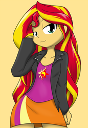 Size: 848x1236 | Tagged: safe, artist:sandwich-anomaly, sunset shimmer, equestria girls, g4, clothes, cute, female, jacket, leather jacket, lidded eyes, shimmerbetes, skirt, solo