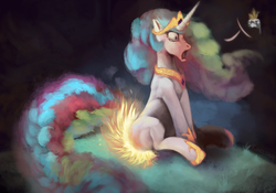 Size: 1000x700 | Tagged: safe, artist:kheltari, princess celestia, pony, g4, burned, burned butt, burning, butt fire, commission, crying, female, fetish, fire, hot, hot buns, mare, marshmallow, open mouth, sitting, solo, sunbutt, this ended in fire, wide eyes, wingless